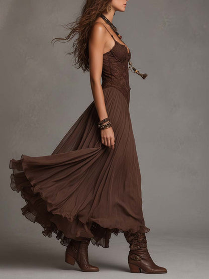 Vestito lungo marrone con corsetto – vista laterale