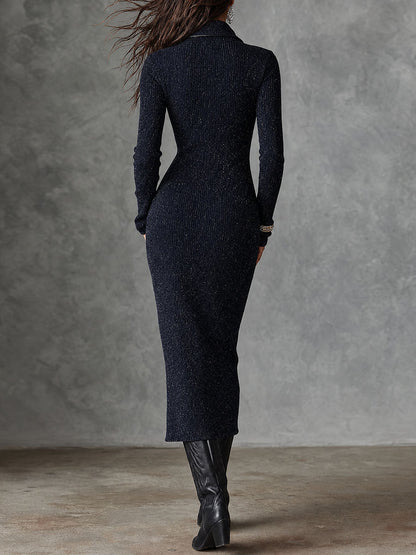 Abito midi in maglia blu navy con zip frontale – dettaglio 5