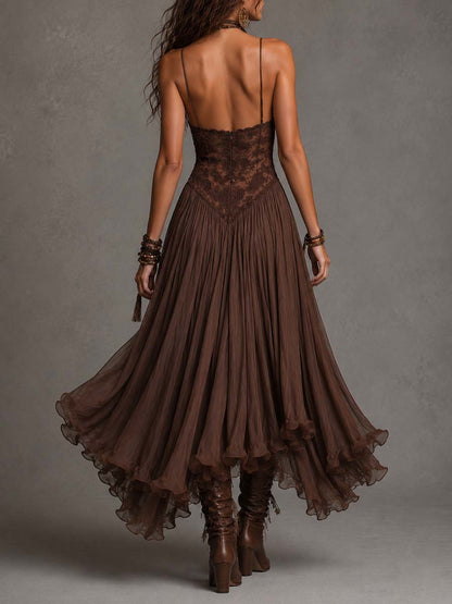 Vestito lungo marrone con corsetto – look completo