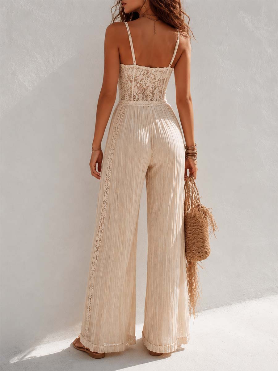 Jumpsuit boho crema con corpetto in pizzo – dettaglio 3