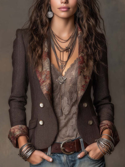 Blazer spigato marrone con stampa floreale – vista frontale