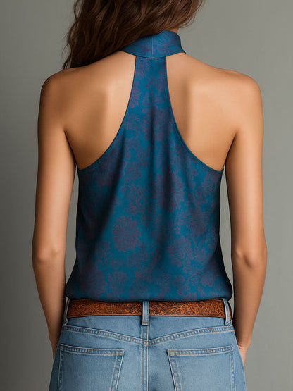 Camicetta halter in raso verde petrolio – dettaglio
