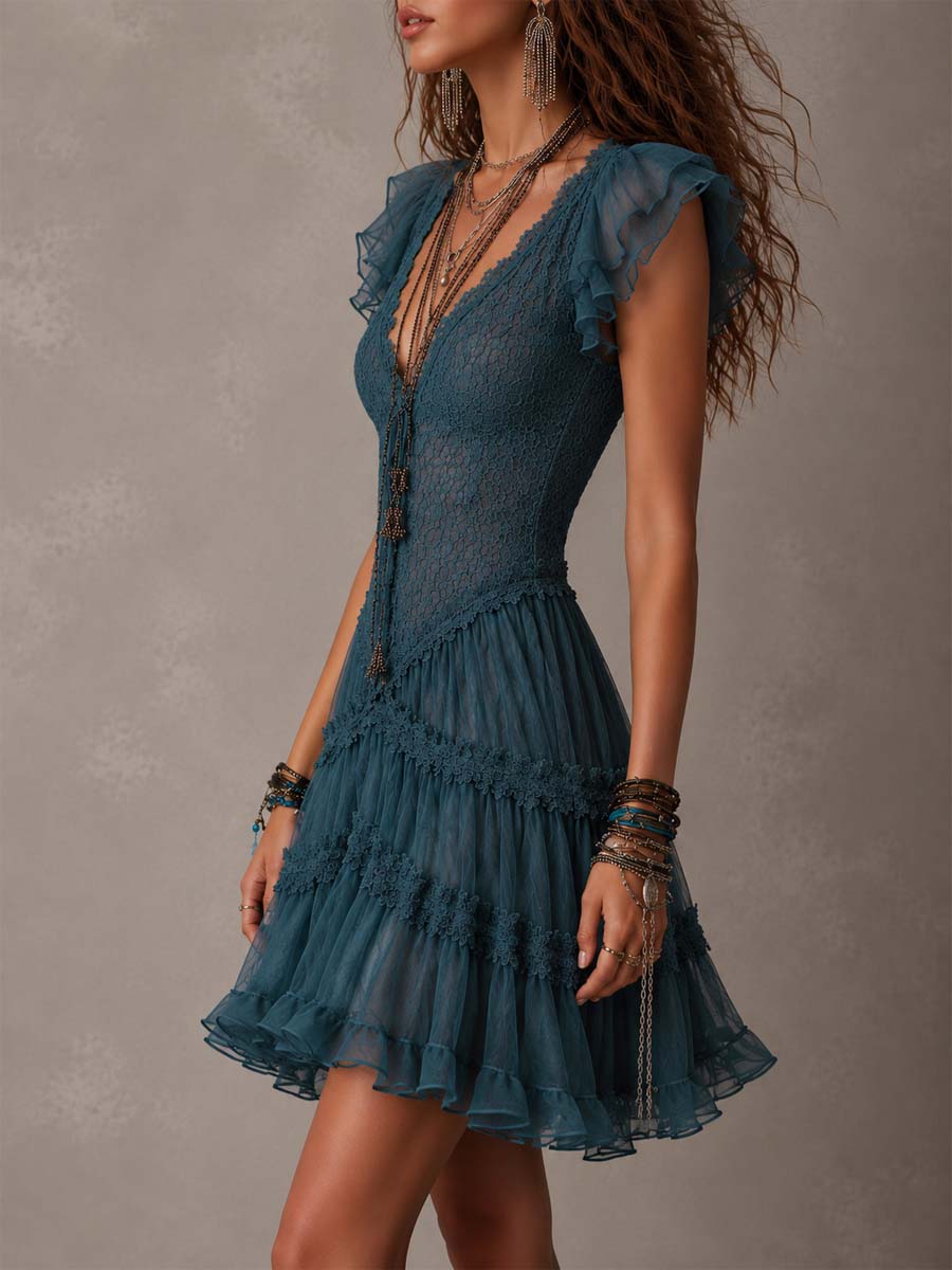 Vestito mini blu navy pizzo e chiffon – vista posteriore