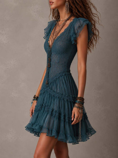 Vestito mini blu navy pizzo e chiffon – vista posteriore