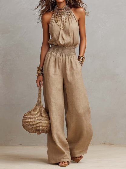Tuta halter in cotone e lino – look completo