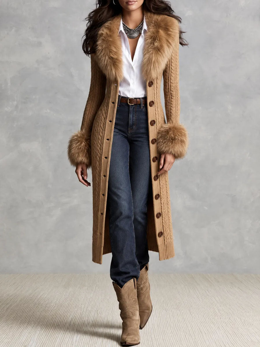 Abito midi cammello con collo in pelliccia – look completo