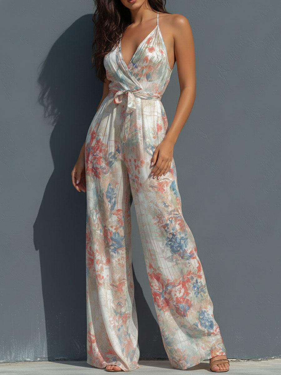 Tuta boho resort in raso floreale bianca – look completo