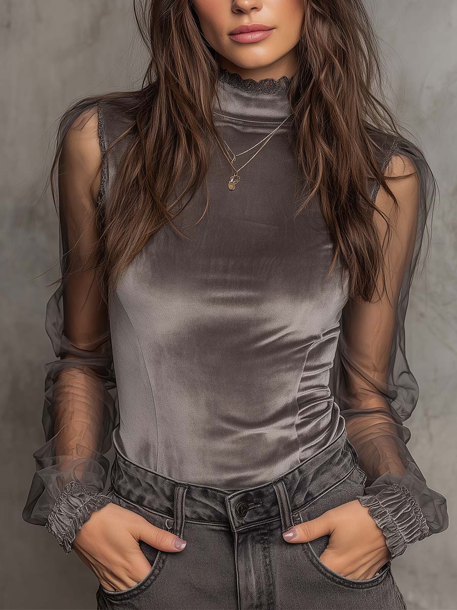Top in velluto e rete grigio grafite – vista frontale