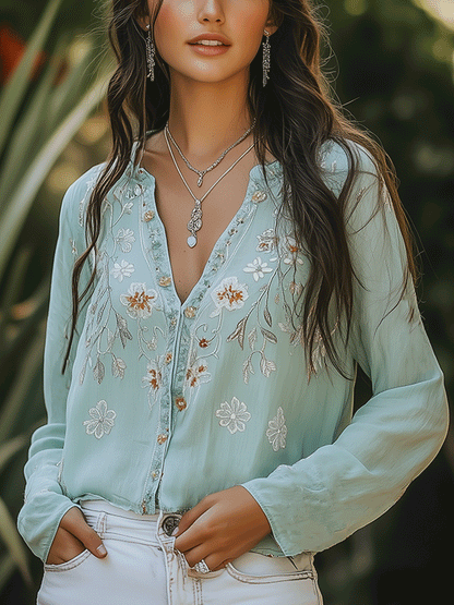 Camicia bohémien ricamata verde – vista frontale