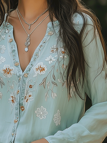 Camicia bohémien ricamata verde – dettaglio 4