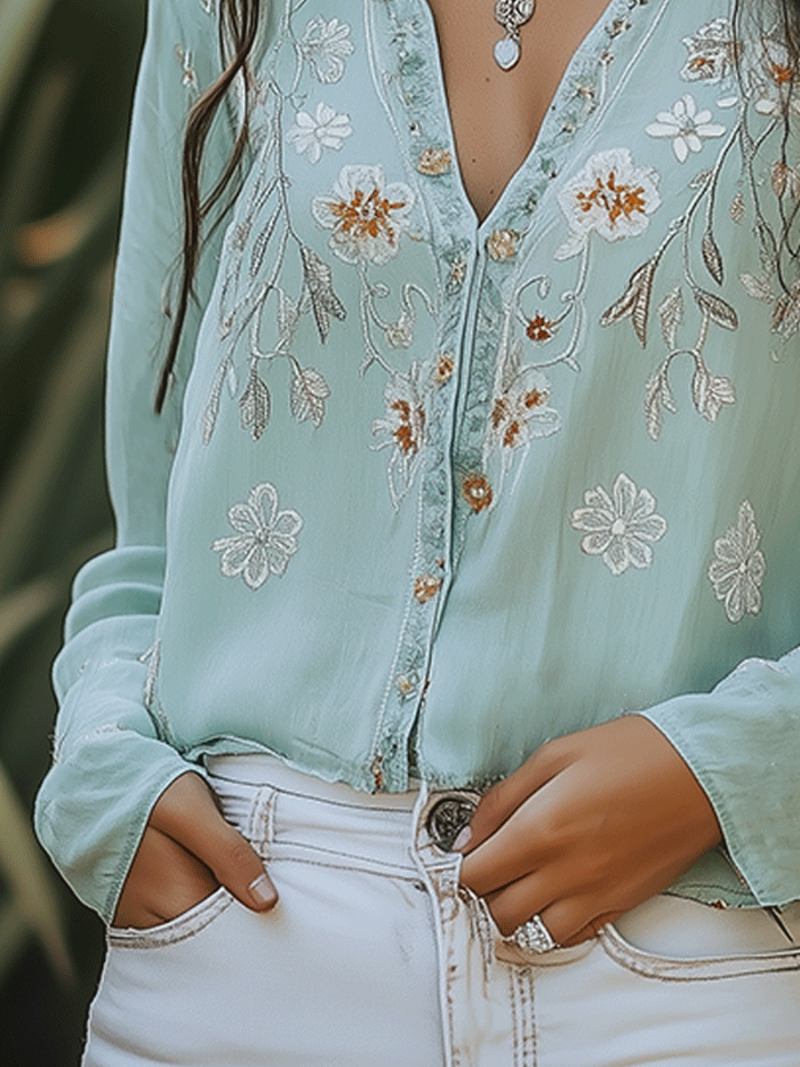 Camicia bohémien ricamata verde – dettaglio 5