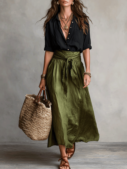 Coordinato boho blusa e gonna midi in raso – vista frontale