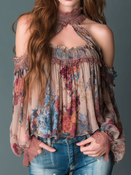 Camicetta boho rosa cipria a fiori – vista frontale