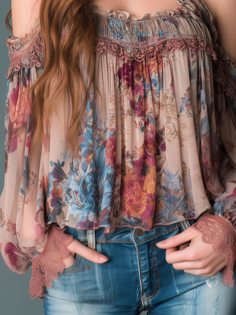 Camicetta boho rosa cipria a fiori – dettaglio 7