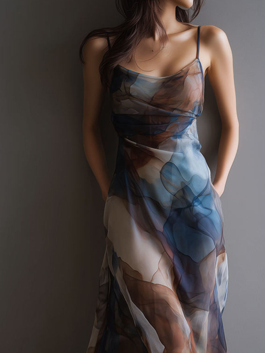 Abito lungo in chiffon blu con stampa acquerello – dettaglio 3