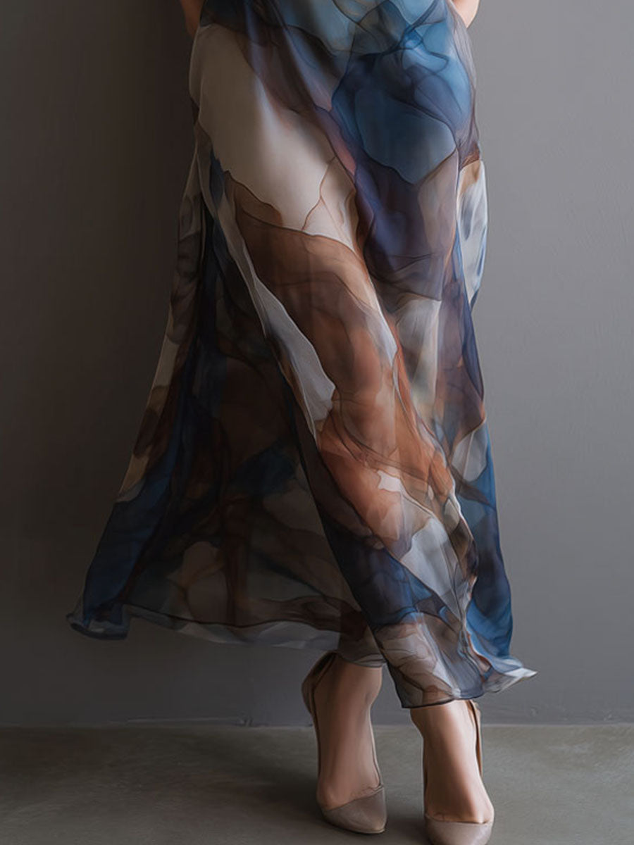 Abito lungo in chiffon blu con stampa acquerello – dettaglio 4