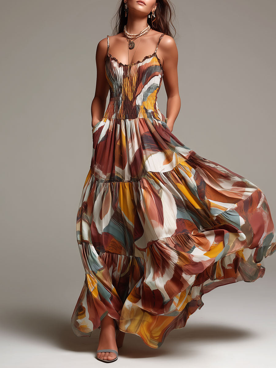Vestito lungo marrone multicolor – vista frontale