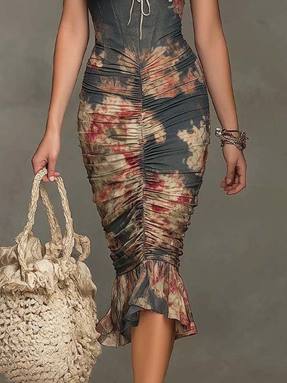 Vestito midi boho nero floreale – vista posteriore