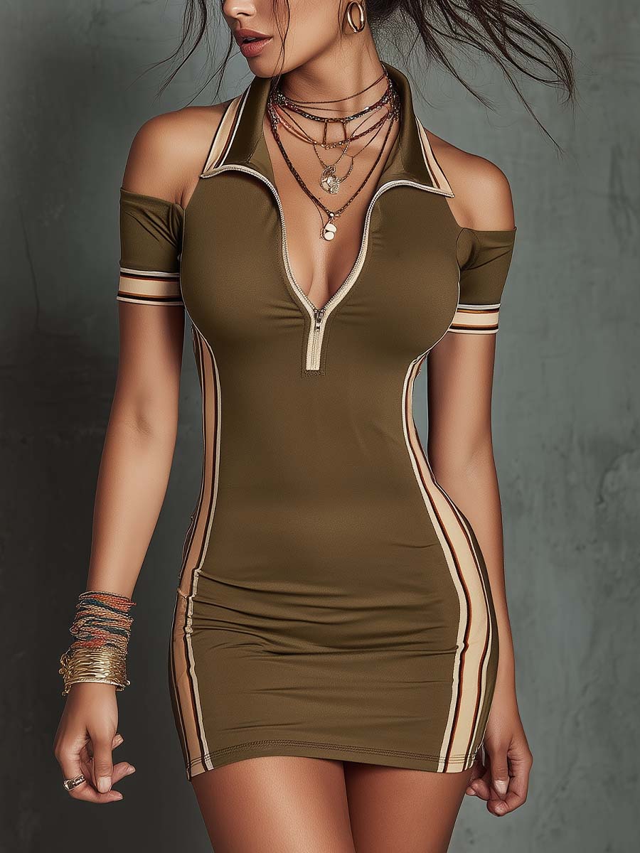 Abito bodycon verde oliva con spalle scoperte – vista frontale