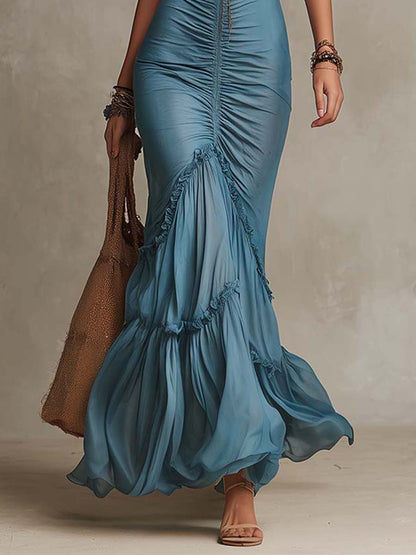 Vestito lungo blu polvere a sirena – look completo
