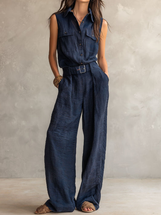 Tuta utility boho con cintura – vista frontale