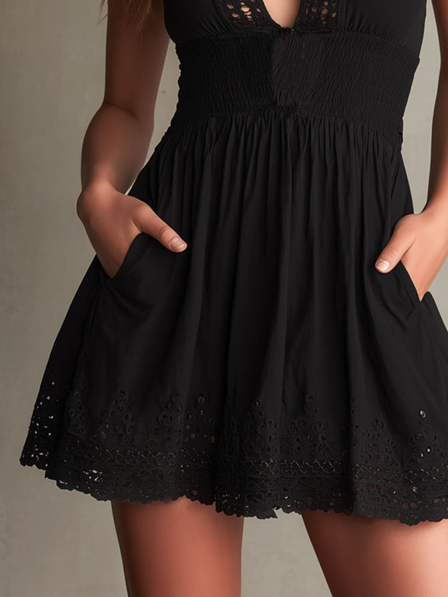 Vestito mini nero boho con ricamo – vista d'insieme