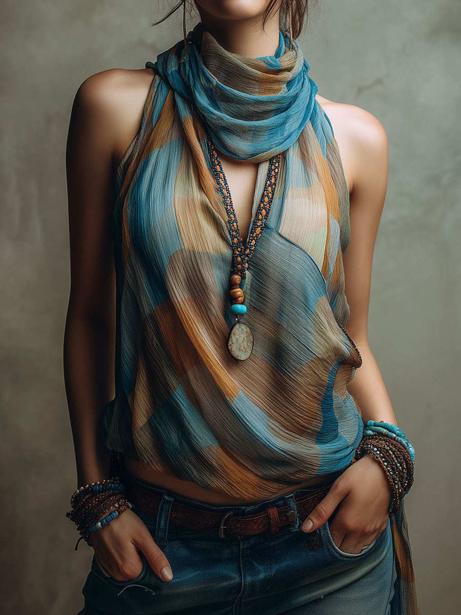 Blusa all’americana in chiffon blu e ambra – vista frontale
