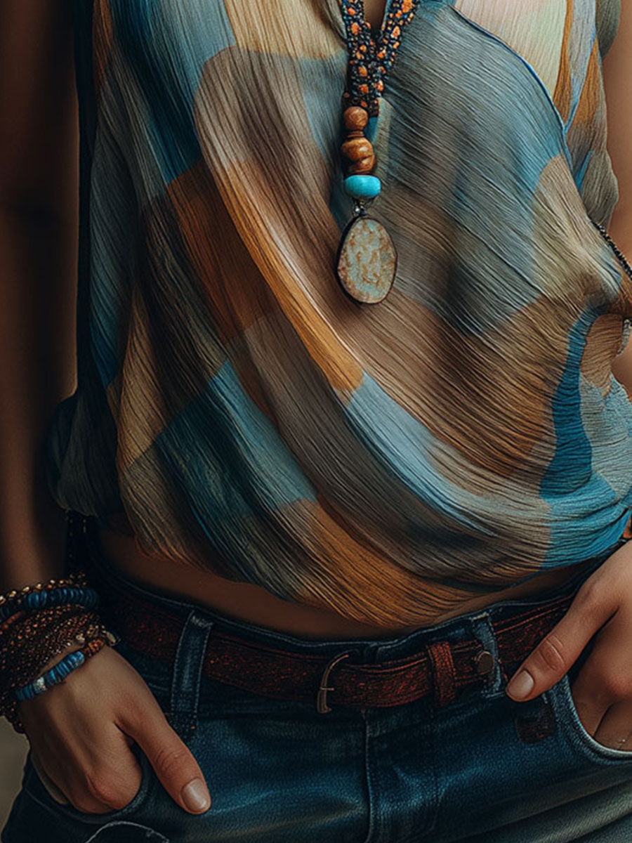 Blusa all’americana in chiffon blu e ambra – dettaglio 7