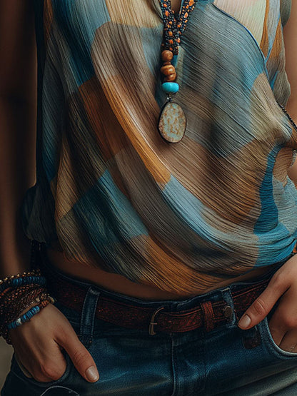 Blusa all’americana in chiffon blu e ambra – dettaglio 7