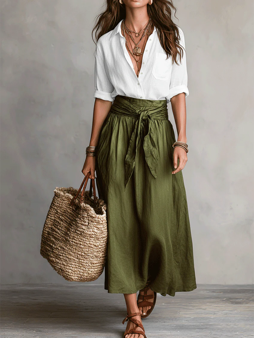 Coordinato boho blusa e gonna midi in raso – dettaglio