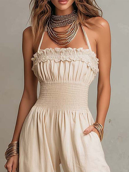 Tuta jumpsuit boho in misto lino con pizzo – dettaglio 7