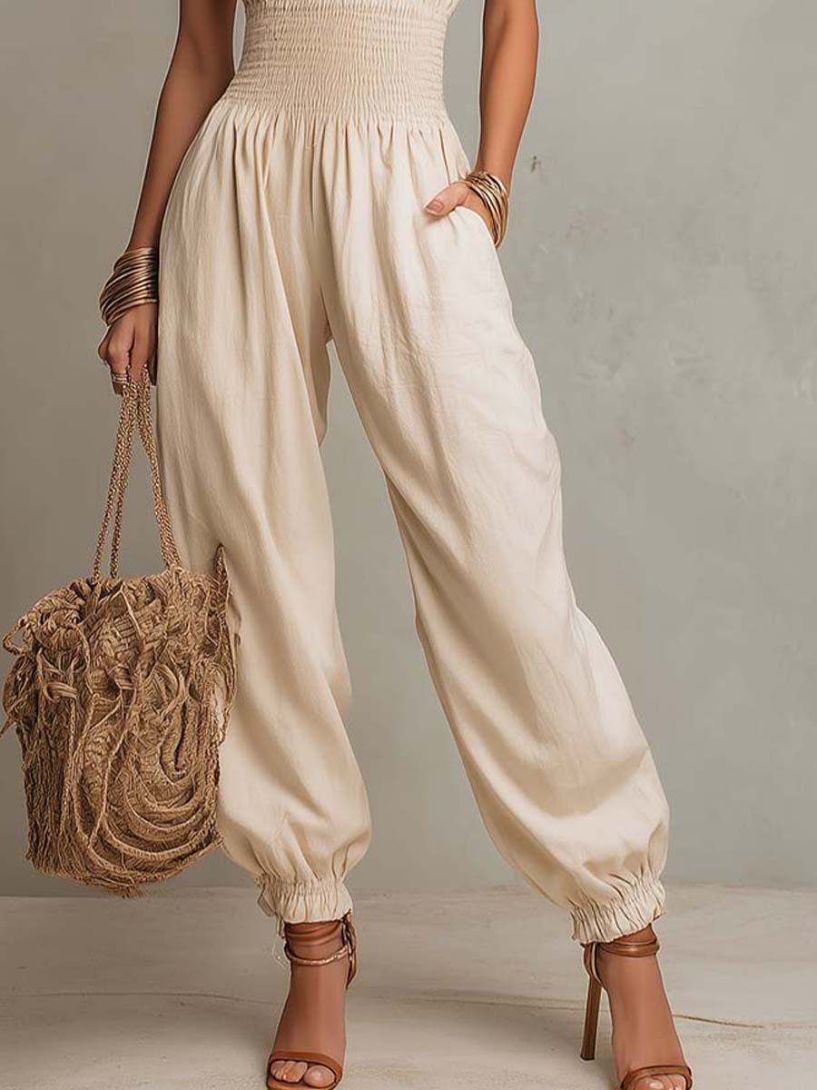 Tuta jumpsuit boho in misto lino con pizzo – dettaglio 6