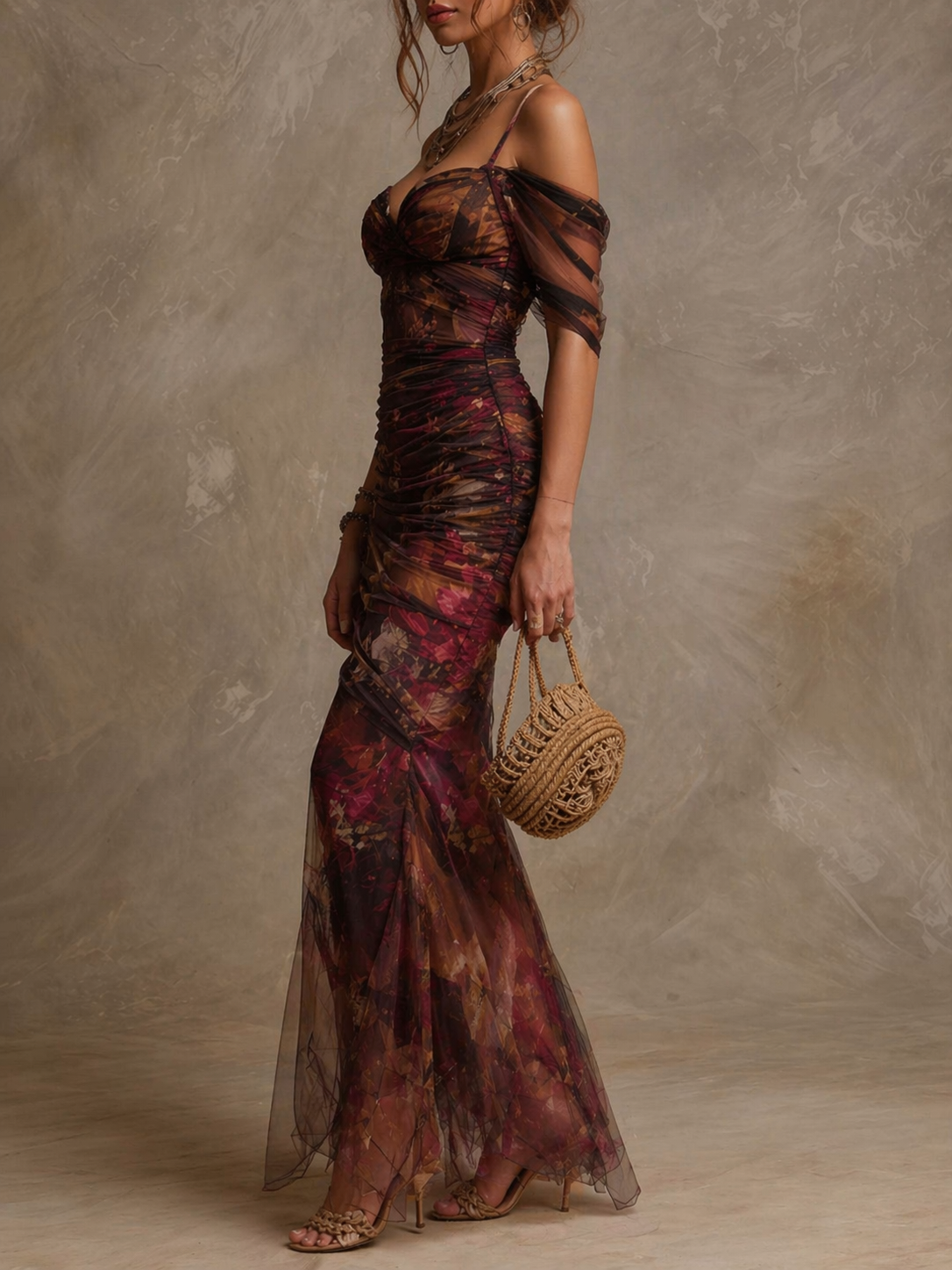 Vestito lungo viola floreale in rete – dettaglio
