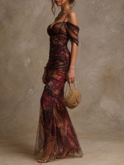 Vestito lungo viola floreale in rete – dettaglio