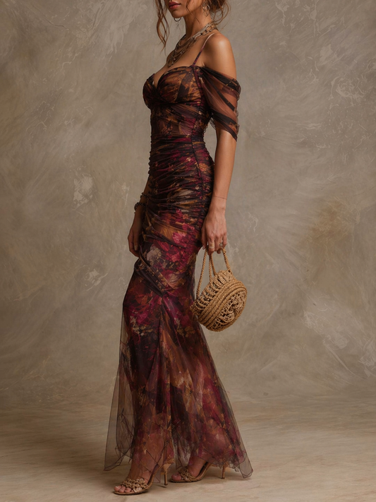 Vestito lungo viola floreale in rete – dettaglio