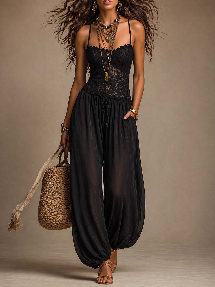 Jumpsuit harem nera in pizzo e chiffon – vista frontale