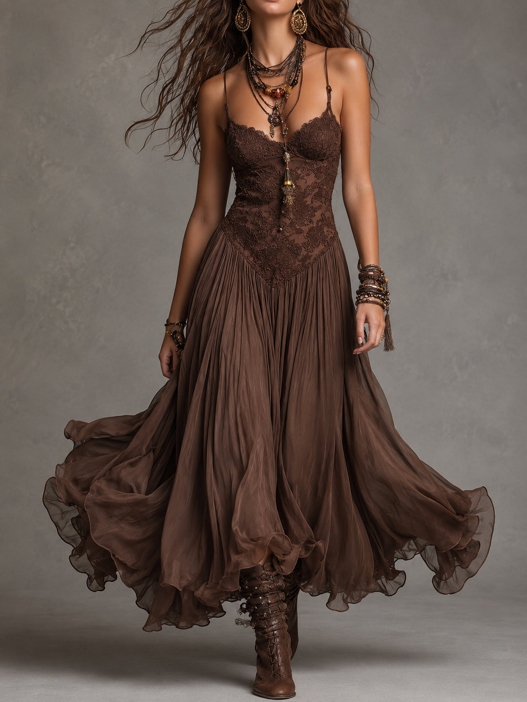Vestito lungo marrone con corsetto – vista frontale
