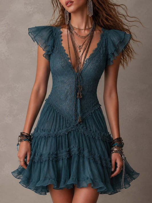 Vestito mini blu navy pizzo e chiffon – vista frontale