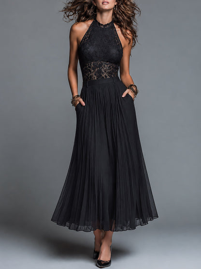 Set top in pizzo e gonna plissé in chiffon – vista frontale