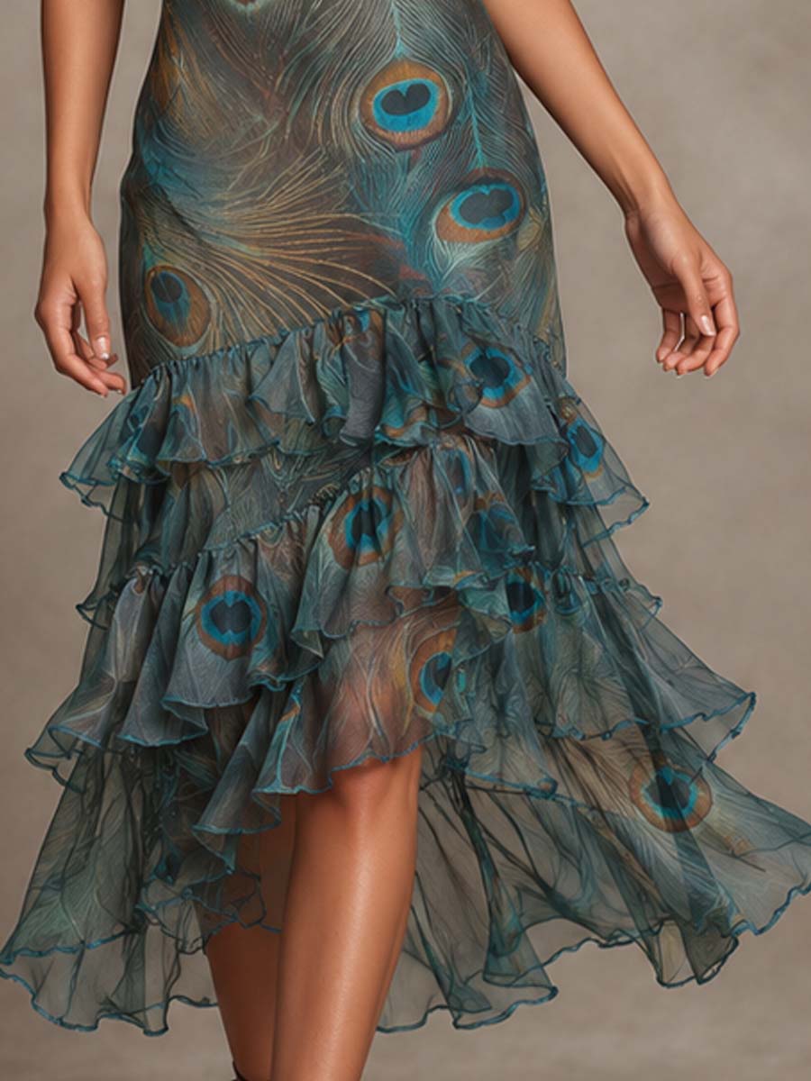 Abito midi in chiffon verde petrolio con volant – dettaglio 6