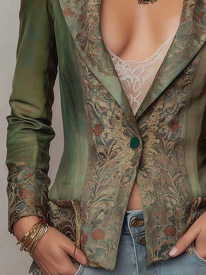 Blazer verde oliva con arazzo floreale – dettaglio 5