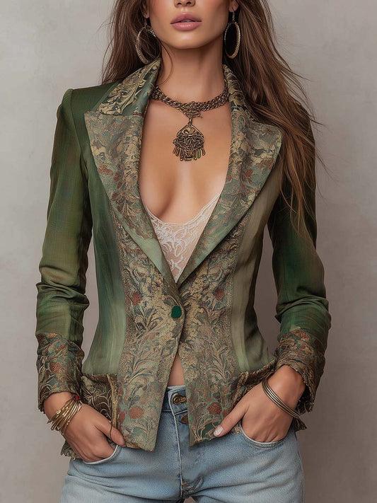 Blazer verde oliva con arazzo floreale – vista frontale