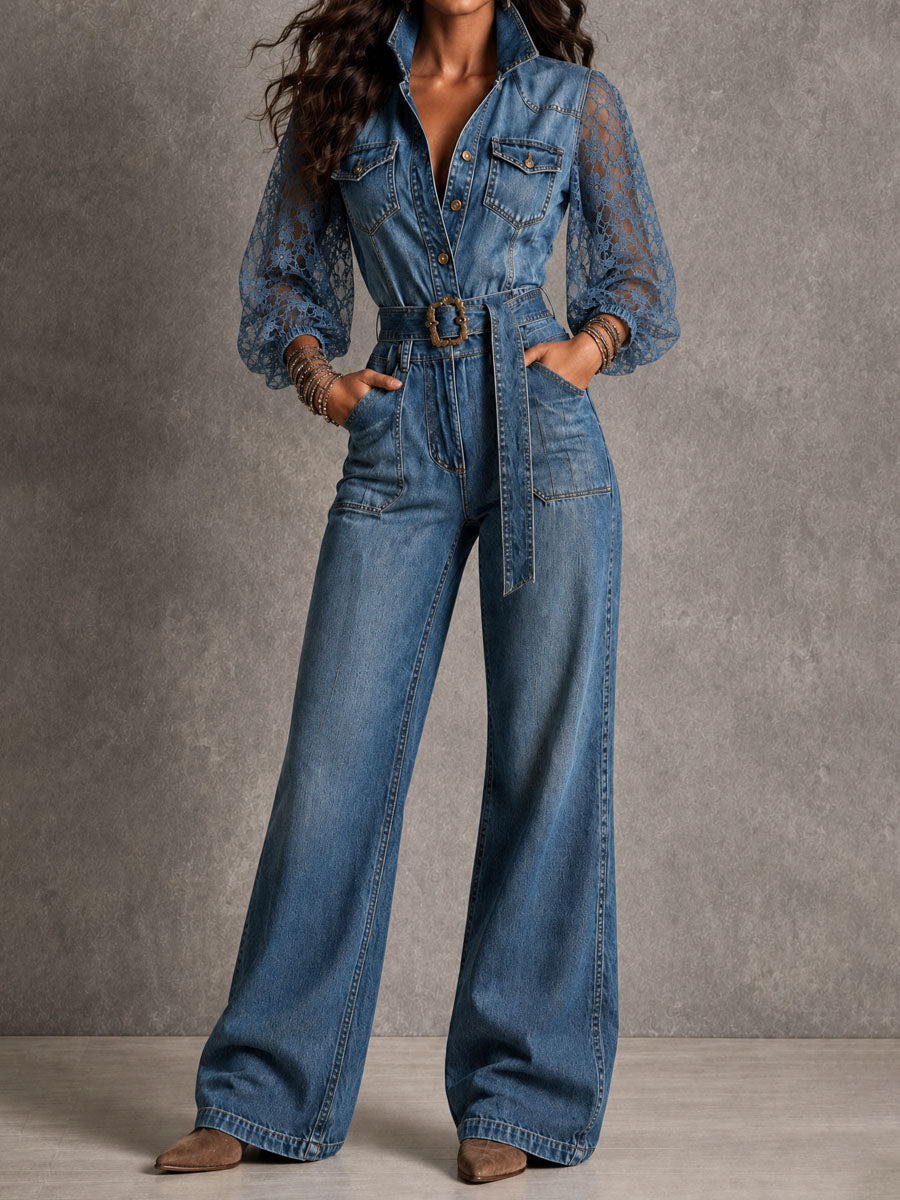Tuta jumpsuit di jeans boho con pizzo – vista frontale