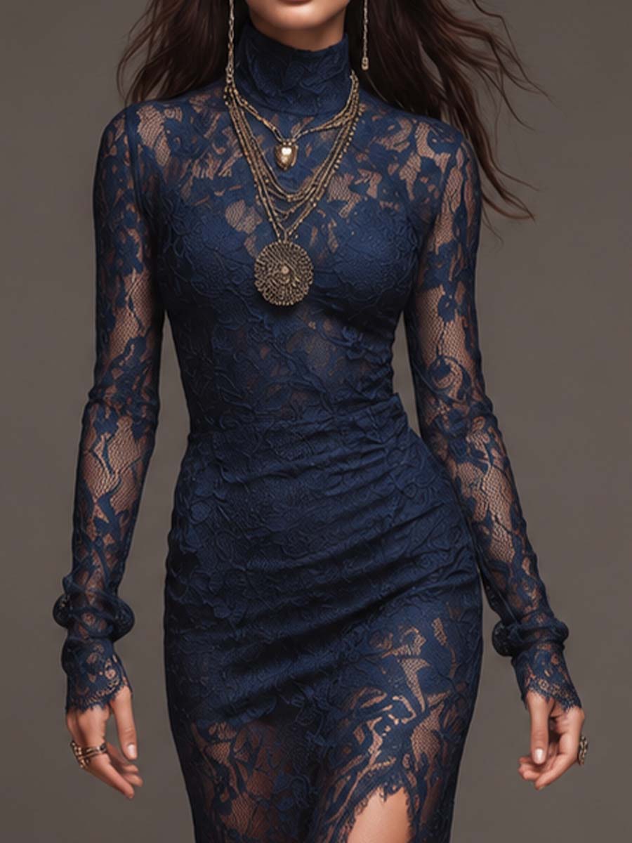 Abito midi blu navy in pizzo smerlato – dettaglio 5
