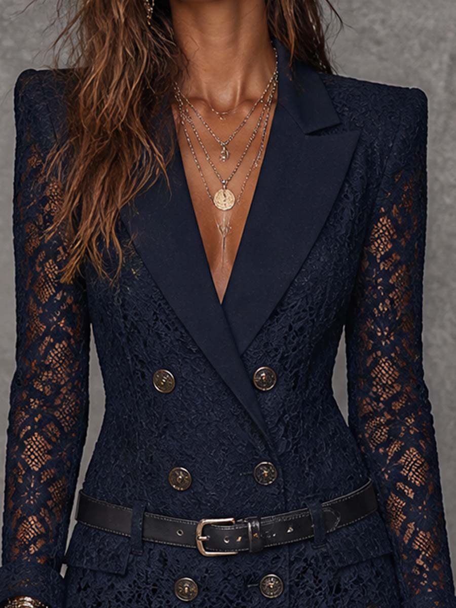 Mini abito blazer blu navy in pizzo floreale – dettaglio 8