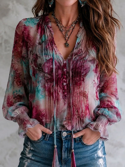 Blusa boho floreale rosa con nappe – vista frontale