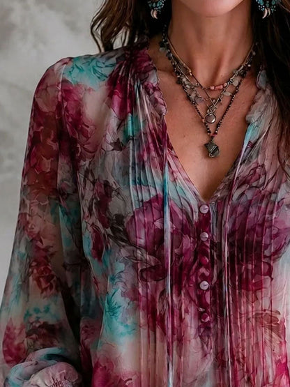 Blusa boho floreale rosa con nappe – dettaglio 8