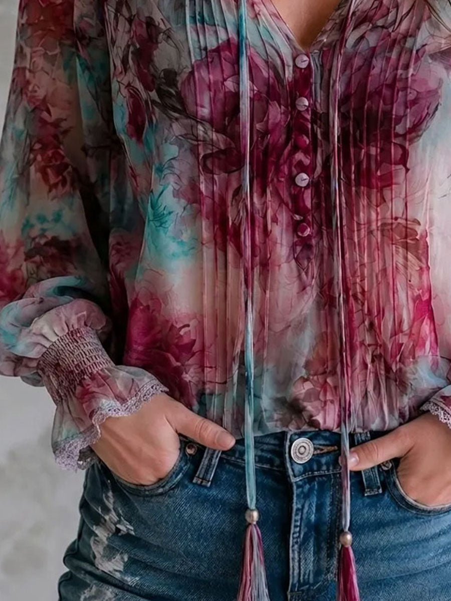 Blusa boho floreale rosa con nappe – dettaglio 9