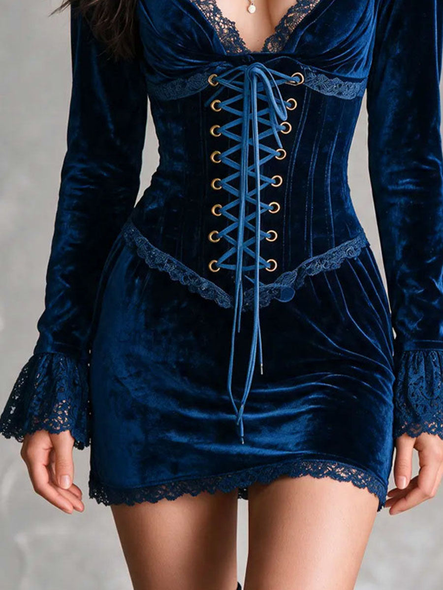 Mini abito in velluto blu zaffiro con corsetto – dettaglio 7