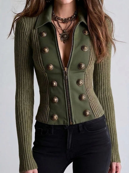 Cardigan verde militare con bottoni ottone – vista frontale